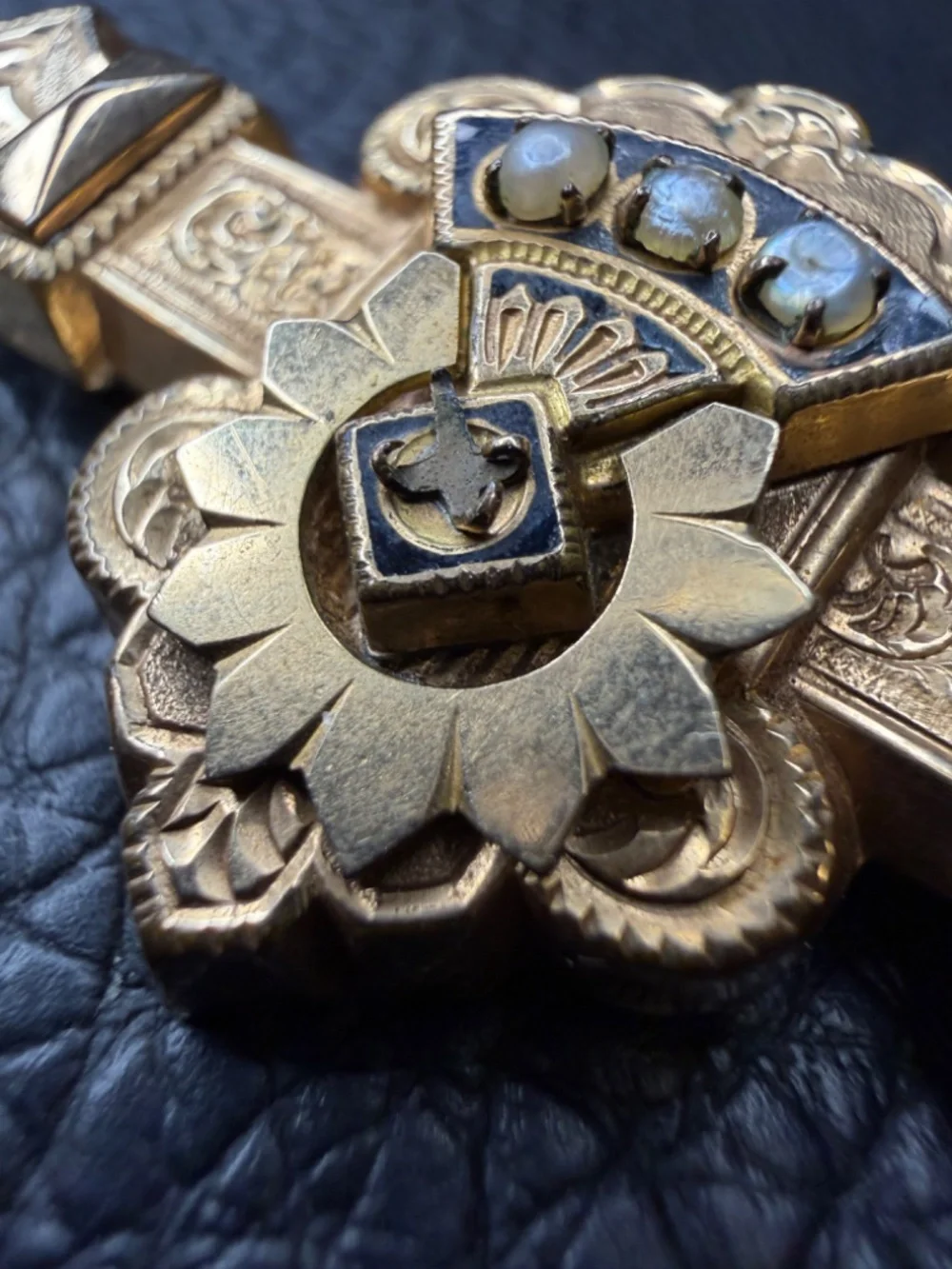 ORNATE Antique Victorian Edwardian Gold Filled Etched Bar Brooch Seed Pearls 2